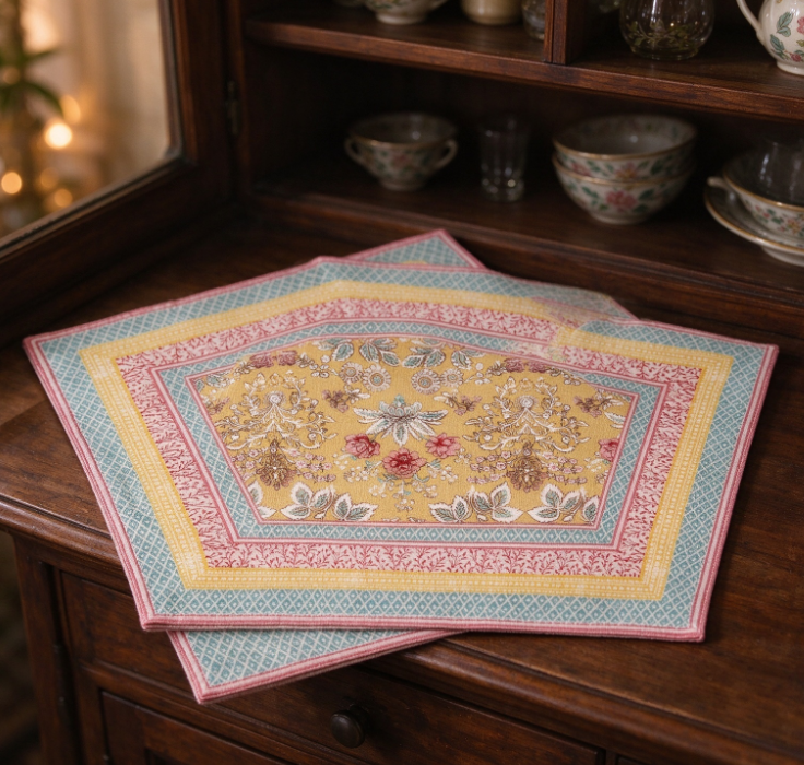 Yellow Floral-Print Cotton-Linen Placemat | Bohemian Style | Colorful Border - Image 2