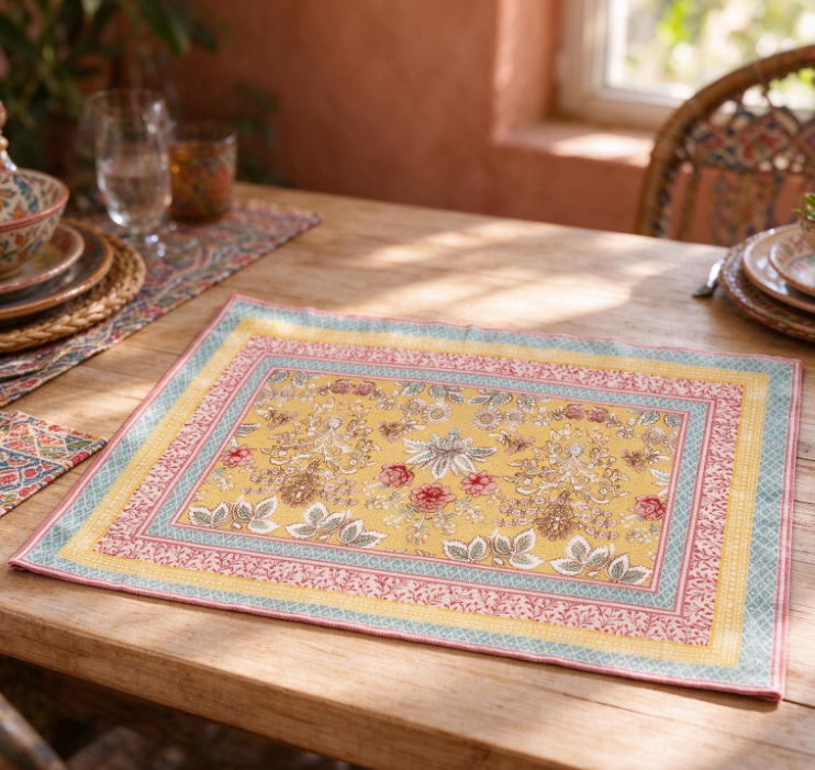Yellow Floral-Print Cotton-Linen Placemat | Bohemian Style | Colorful Border