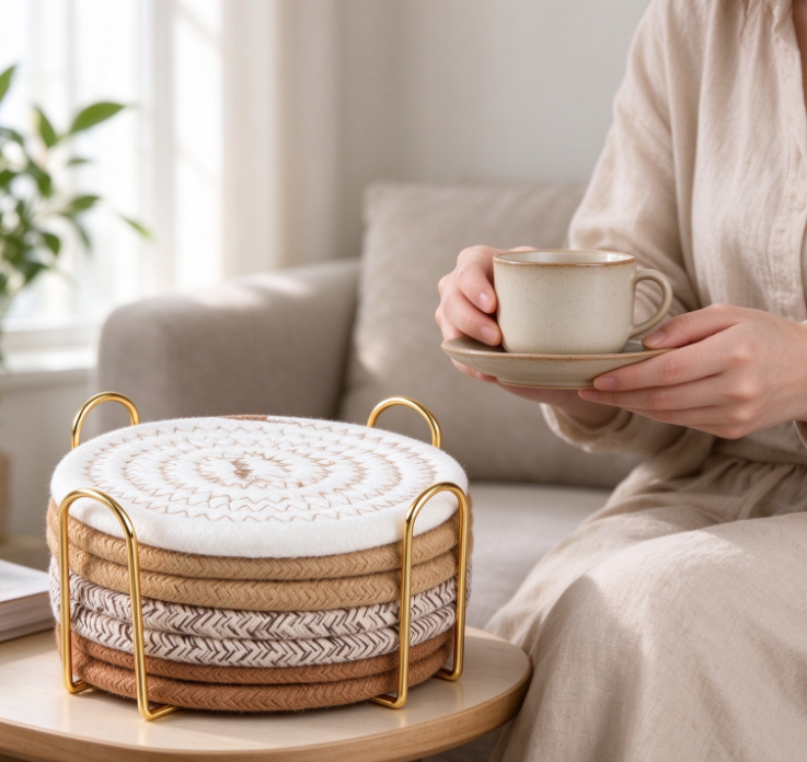 Beige and Brown Woven Coaster Set with Metal Holder - Image 2