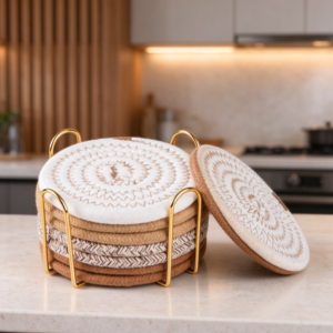 Beige and Brown Woven Coaster Set with Metal Holder