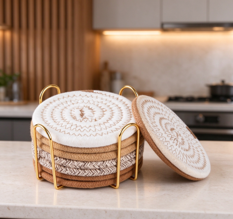 Beige and Brown Woven Coaster Set with Metal Holder