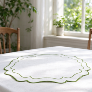Petal-Shaped Cotton-Linen Placemat with Green Trim