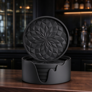 Black Geometric Embossed Round Coaster Set