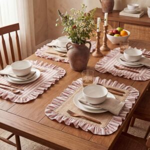 Striped Ruffled Double-Layer Cotton-Linen Placemat – French Pastoral-Style Frilled Fabric Placemat