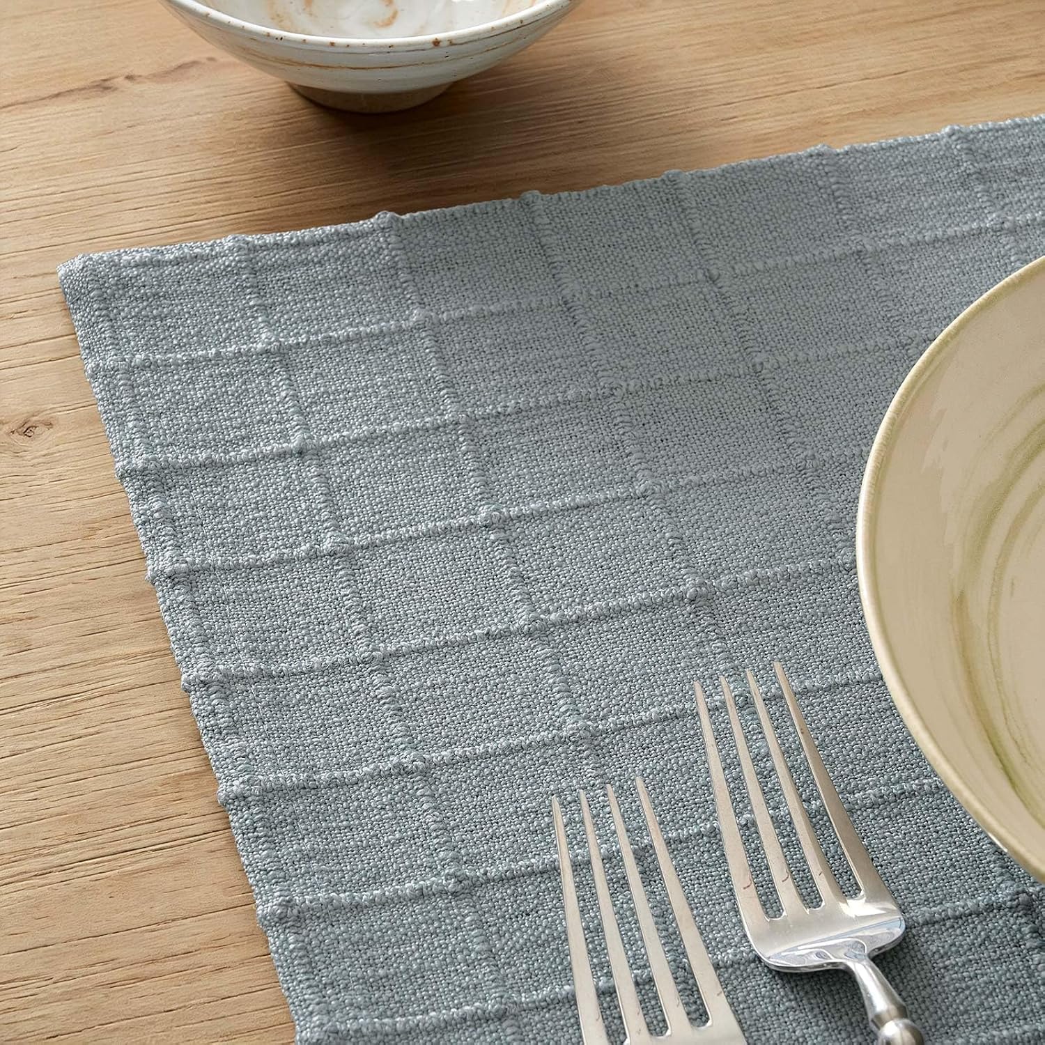 Light Blue Textured Grid Cotton-Linen Placemat – Japanese-Style Minimalist Fabric Placemat - Image 2