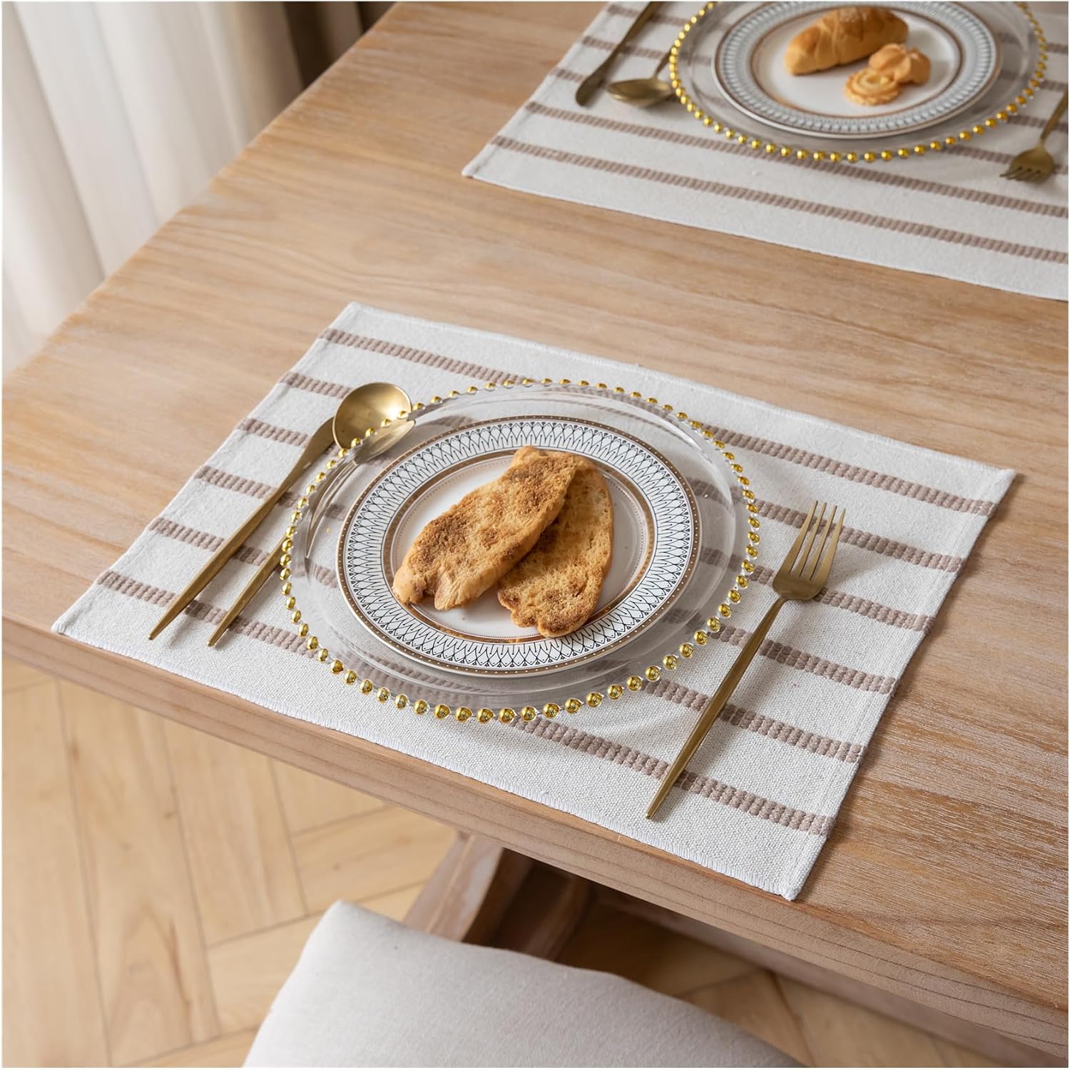 Light Brown Striped Woven Cotton-Linen Placemat – Vintage Rustic Style Rectangular Placemat