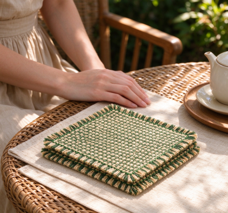 Green and Beige Woven Square Coaster Set - Image 2