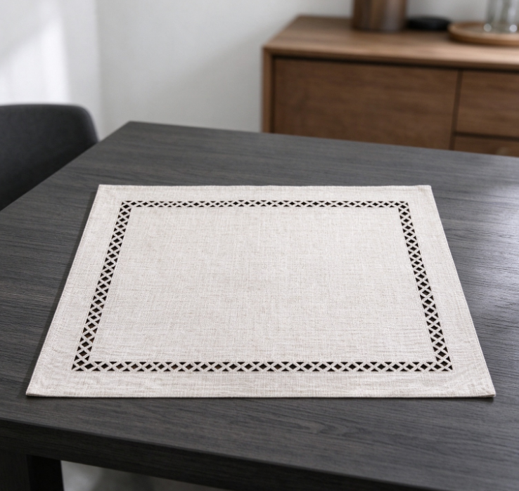 Beige Square Cotton-Linen Placemat with Black Border