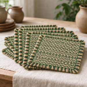 Green and Beige Woven Square Coaster Set