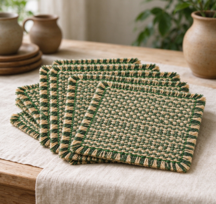 Green and Beige Woven Square Coaster Set