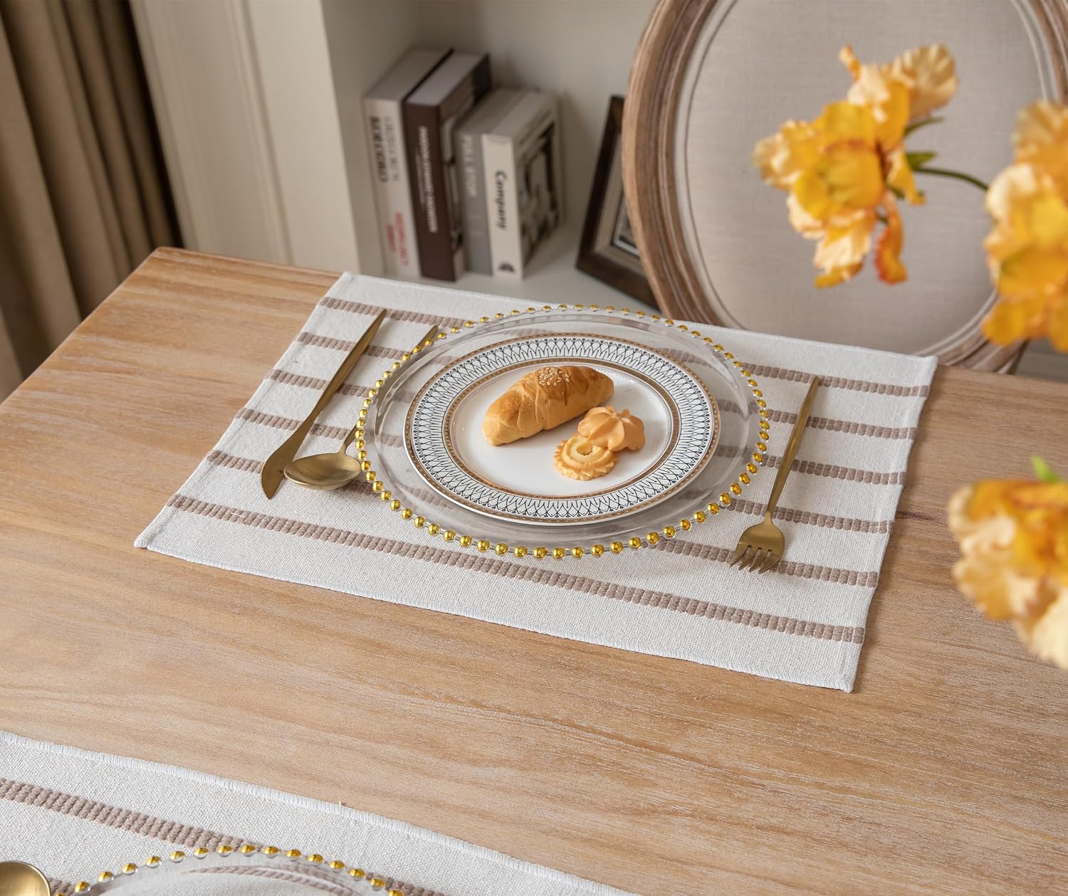 Light Brown Striped Woven Cotton-Linen Placemat – Vintage Rustic Style Rectangular Placemat - Image 2