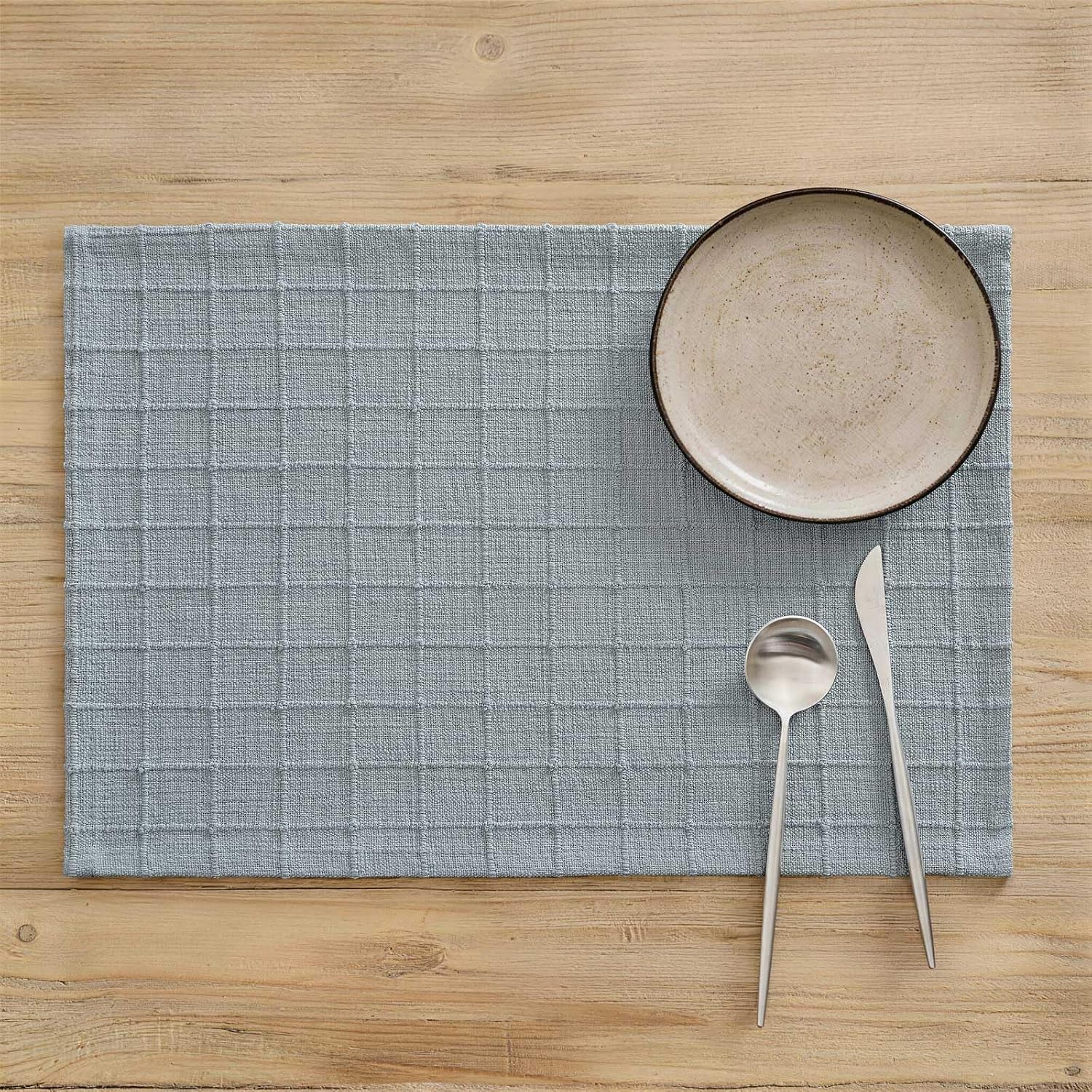 Light Blue Textured Grid Cotton-Linen Placemat – Japanese-Style Minimalist Fabric Placemat